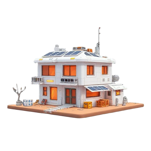 futuristic mars colony's buildings with whitish colour palette and orange/blue highlights. 2 storey home, solar panels, supply crates