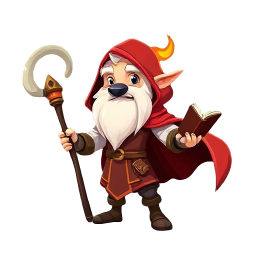 fire mage with red cape and hook. friendly face with long white bear. holding a mage staff and a book in the other hand.
