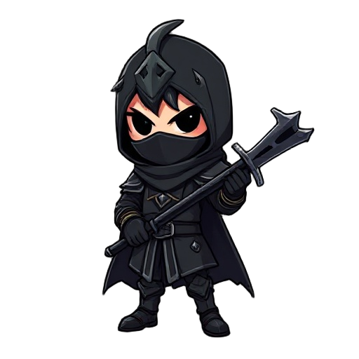 un piccolo cavaliere (tipo il personaggio di hollow night) vestito di nero mascherato con un elmo che gli copre la faccia e con mantello e come arma una falce nera 