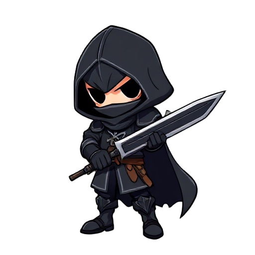 un piccolo cavaliere (tipo il personaggio di hollow night) vestito di nero mascherato con un elmo di ossa con mantello e come arma una falce nera 