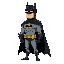 a dark superhero in a grey suit with black cape and cowl, yellow utility belt and yellow bat symbol on his chest, standing in side view, serious expression