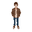 just a man using brown jacket with white shirt and blue jeans with shoes have brown hair