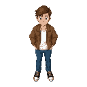 just a man using brown jacket with white shirt and blue jeans with shoes have brown hair