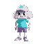 cute cloud headed mascot wearing baseball cap, turquoise t-shirt, purple shorts, and sneakers.