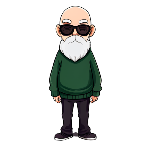 create a old man, with a dark glasses, white beard, smooth bald, dark green sweater and dark pants
