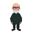 create a old man, with a dark glasses, white beard, smooth bald, dark green sweater and dark pants