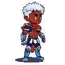 um jovem guerreiro com uma pele morena cabelo encaracolado branco e azul olhos vermelhos brilhantes um braço robótico forte com roupas de um verdadeiro guerreiro 