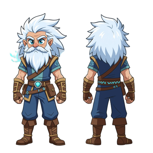 cabelo: despenteado, branco ou azul-claro (sugere poder misterioso)  olhos: um olho normal, o outro com brilho elemental (poder oculto)  roupa principal: roupa leve de combate (jaqueta curta, calças reforçadas)  acessórios: luvas energéticas, cinto com ru