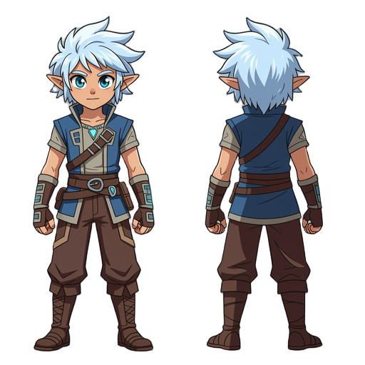 cabelo: despenteado, branco ou azul-claro (sugere poder misterioso)  olhos: um olho normal, o outro com brilho elemental (poder oculto)  roupa principal: roupa leve de combate (jaqueta curta, calças reforçadas)  acessórios: luvas energéticas, cinto com ru