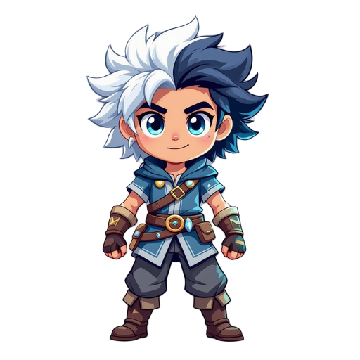 cabelo: despenteado, branco ou azul-claro (sugere poder misterioso)  olhos: um olho normal, o outro com brilho elemental (poder oculto)  roupa principal: roupa leve de combate (jaqueta curta, calças reforçadas)  acessórios: luvas energéticas, cinto com ru