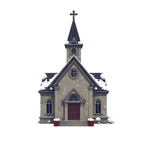 generate a pixel sprite of a victorian-style church for jrpg, winter, cracked walls