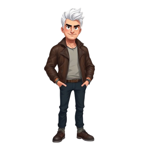 man, leather jacket, pants, white hair