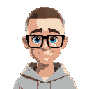 a man with a short buzz cut receeding hairline, thick black square glasses, blue eyes, light grey hoody, waving