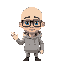 a bald man with a thin face thick black square glasses, blue eyes, light grey hoody, waving