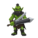 a green orc barbarian holding a 2-handed great sword