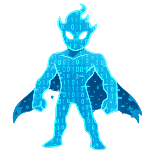 a heroic character made of pure data and energy. the body is semi-transparent and holographic, composed of flowing blue binary code and glitching particles. it has a vaguely humanoid shape but feels unstable and powerful. ethereal and technological