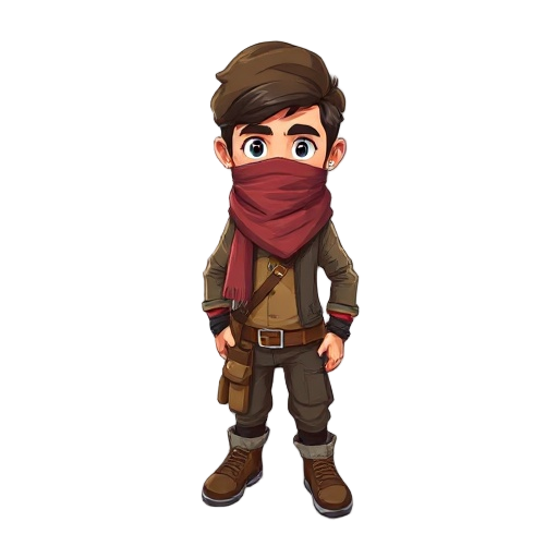 a character who looks adventurous, with a scarf covering half his face and street wear clothing