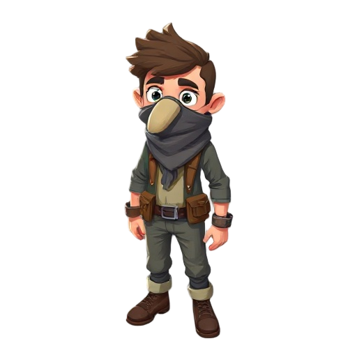 a character who looks adventurous, with a scarf covering his nose and street wear clothing