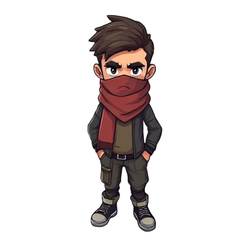 a character who seems serious, with a scarf covering half his face and street wear clothing