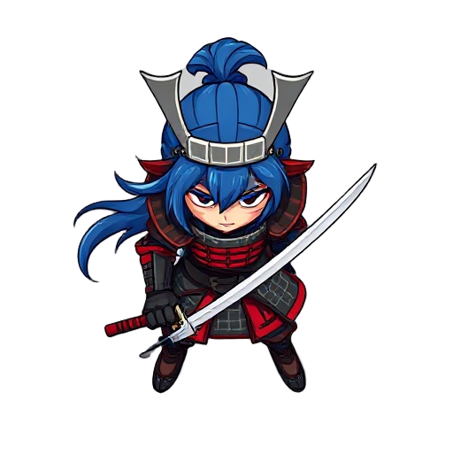 samurai warriors, blue long hair, black and red armor, two katanas
