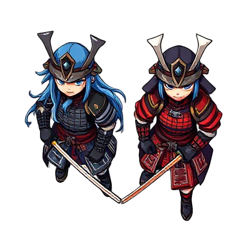 samurai warriors, blue long hair, black and red armor, two katanas
