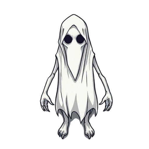 disturbing ghost he ghost has a distorted humanoid form, with elongated limbs and a face partially obscured by a tattered veil.