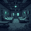 a dark, abandoned medical facility in pixel art, with broken hospital beds, shattered glass, and flickering lights. the floor is covered in cracks and dirt, while rusted medical tools and eerie green-