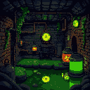 a secret underground sewer lab in pixel art, with murky green water, rusted pipes, and glowing chemical waste barrels. the walls are made of old brick with vines creeping through the cracks. flickerin