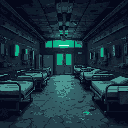 a dark, abandoned medical facility in pixel art, with broken hospital beds, shattered glass, and flickering lights. the floor is covered in cracks and dirt, while rusted medical tools and eerie green-