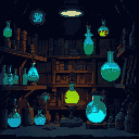 a pixel-art gothic laboratory with dim lighting, filled with glowing blue and green alchemical vials, strange machinery, and old wooden shelves covered in dusty books. the background is dark with subt