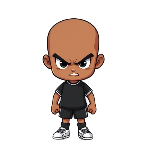  chibi boy soccer player, bald (or very short hair), brown skin, angry face expression, looking forward always.  outfit: black soccer jersey, black shorts, white shoes.  animations needed: 1. idle (1–2 
