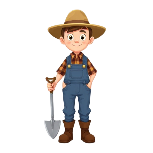 a simple 2d cartoon-style farmer character, front view, wearing a straw hat, plaid shirt, denim overalls, and brown boots, holding a small shovel, friendly and humble appearance, flat colors, clear ou