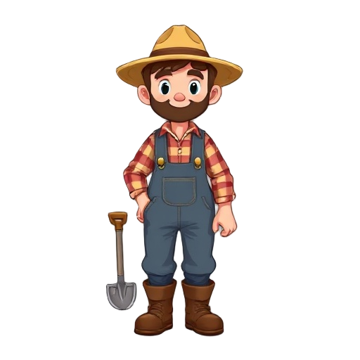 a simple 2d cartoon-style farmer character, front view, wearing a straw hat, plaid shirt, denim overalls, and brown boots, holding a small shovel, friendly and humble appearance, flat colors, clear ou