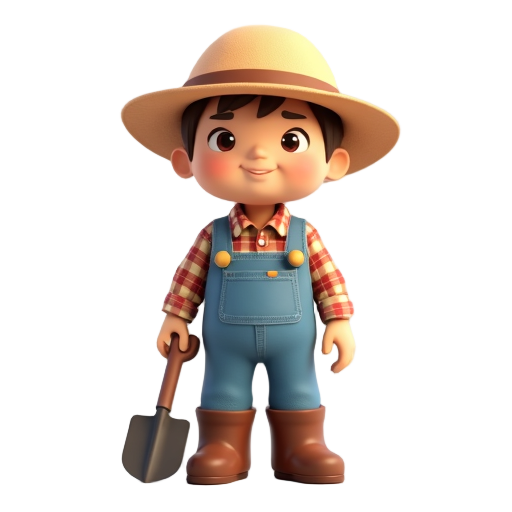 a simple 2d cartoon-style farmer character, front view, wearing a straw hat, plaid shirt, denim overalls, and brown boots, holding a small shovel, friendly and humble appearance, flat colors, clear ou