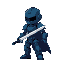 2d head-less dark blue robot holding a sword.