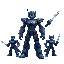 headless dark blue robot with four transformation forms, showcasing its sword attacks and defensive stances