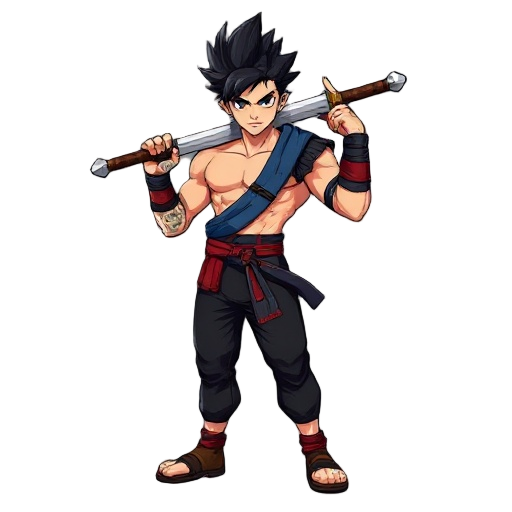 a muscular anime-style warrior with spiky black hair, holding a large sword on his shoulder, wearing black pants, a blue sash, red belt, and wristbands. the character stands in 