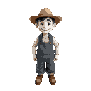 a farmer with oversize cloths and hat he white skin 