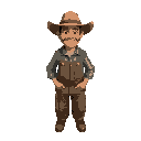 a farmer with oversize cloths and hat he tan skin 