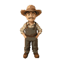 a farmer with oversize cloths and hat he tan skin 