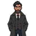 detective, italian, 45–50 years old black hair with streaks of gray stubble beard worn overcoat (open to reveal details underneath) wrinkled shirt vest loosely knotted tie deep dark circles from insomnia a tired, weathered face