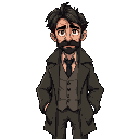 full body detective, italian, 45–50 years old black hair with streaks of gray stubble beard worn overcoat (open to reveal details underneath) wrinkled shirt vest loosely knotted tie deep dark circles from insomnia a tired, weathered face