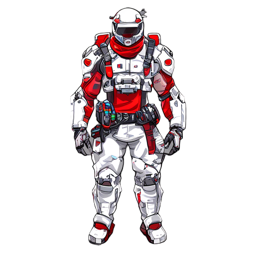 cyberpunk trauma team medic character. highly detailed, intricate sci-fi armor, sleek white and red color scheme. visible medical tools and pouches on the belt.