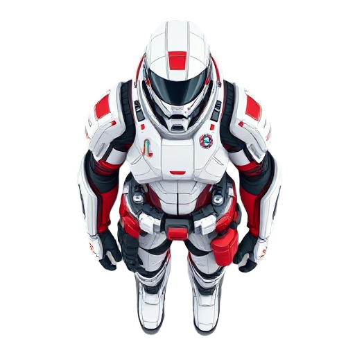 cyberpunk trauma team medic character. highly detailed, intricate sci-fi armor, sleek white and red color scheme. visible medical tools and pouches on the belt.