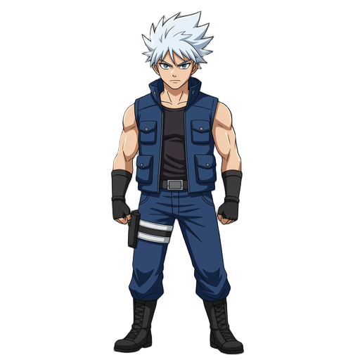  a male anime-style character with a confident and heroic stance. he has spiky white hair, light skin, and sharp facial features. he wears a sleeveless, high-collared blue combat vest over a tight bla