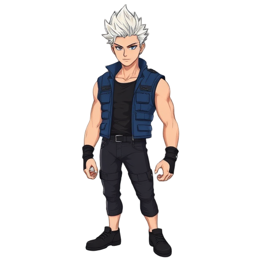  a male anime-style character with a confident and heroic stance. he has spiky white hair, light skin, and sharp facial features. he wears a sleeveless, high-collared blue combat vest over a tight bla