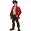 a guy with a lush hairstyle in a red unbuttoned jacket, black pants, brown boots, and a brown belt