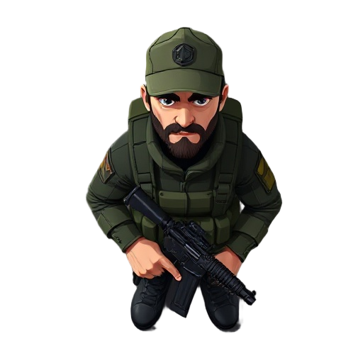 top-down view of a rugged soldier with a cap, military backpack, and dark green tactical clothing, holding a handgun. stylized 2d art, game-ready sprite, moody lighting, soft shadows, character facing