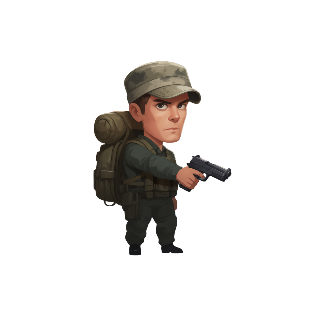 top-down view of a rugged soldier with a cap, military backpack, and dark green tactical clothing, holding a handgun. stylized 2d art, game-ready sprite, moody lighting, soft shadows, character facing
