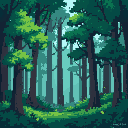 pixel art 256x256, forest, green, light blue, beautifull, detaillé, abstract, blurry, dark, day